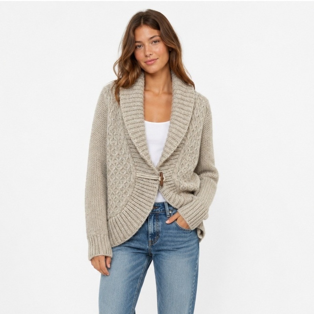 Alpaca Wool Cable Knit Cardigan L Oatmeal Toggle Shawl Grandpa American Eagle